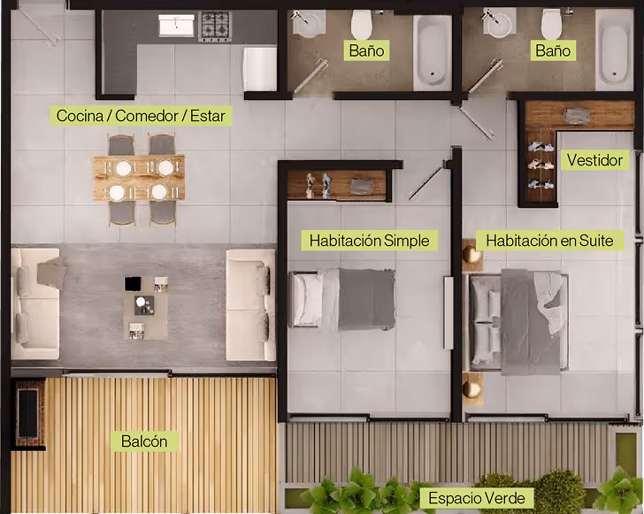 Plano arquitectónico de un departamento que incluye cocina/comedor/estar, dos baños, habitación simple, habitación en suite con vestidor, balcón y espacio verde.
