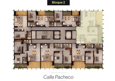 Plano arquitectónico del Bloque 2 mostrando distribución de habitaciones y áreas comunes, con entrada en Calle Pacheco.