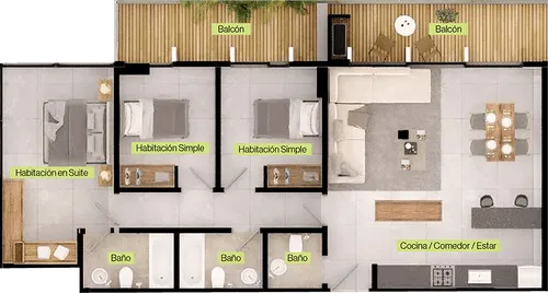 Plano de departamento con una habitación en suite, dos habitaciones simples, tres baños, cocina/comedor/estar y dos balcones.