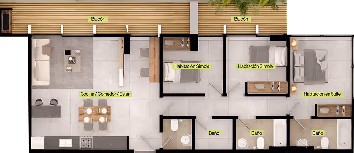 Plano de departamento con dos balcones, cocina/comedor/estar, dos habitaciones simples, una habitación en suite y tres baños.
