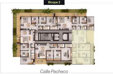 Plano del segundo piso del Bloque 2 con múltiples apartamentos y una zona sombreada resaltada.