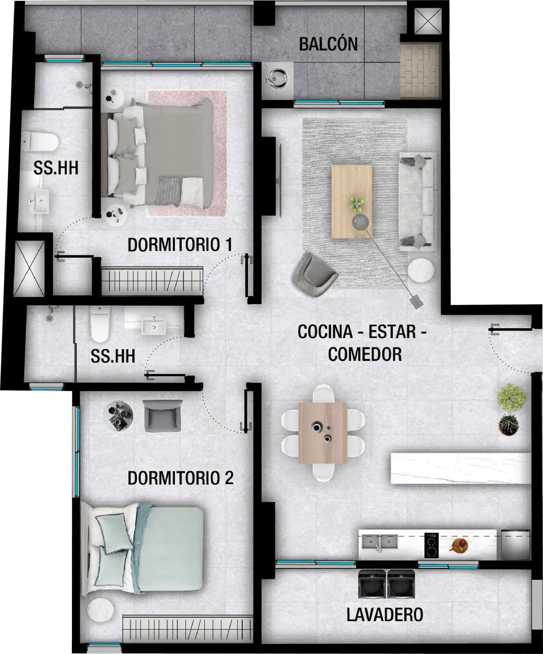Plano de un departamento con dos dormitorios, dos baños, cocina-estar-comedor, balcón y lavadero.