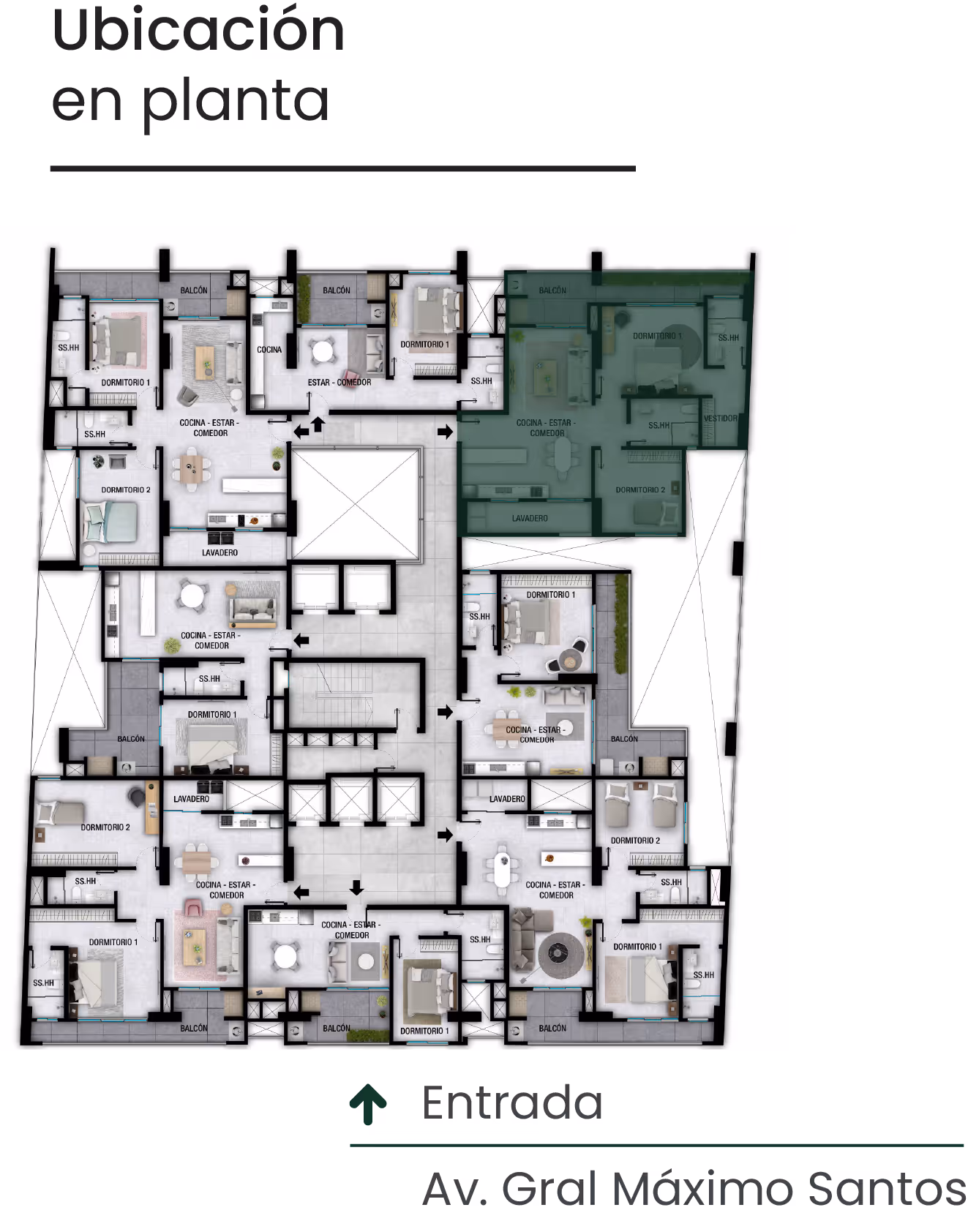 Plano de distribución de departamentos en planta con áreas destacadas y señalización de entrada desde Av. Gral Máximo Santos.