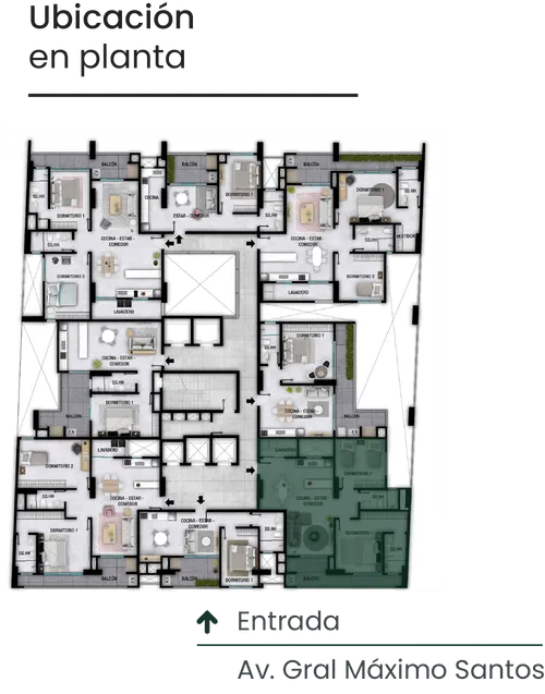 Plano arquitectónico detallado de un edificio residencial que muestra múltiples departamentos con distribuciones de dormitorios, cocinas, salas de estar, balcones y áreas de servicio.