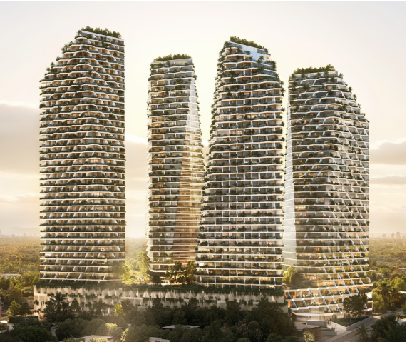 Cuatro torres modernas con balcones en terrazas escalonadas y vegetación en los techos, rodeadas de árboles al atardecer.